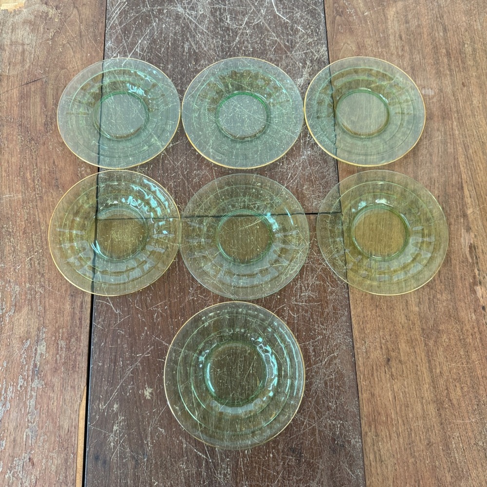 Set of 6 Vaseline Uranium Vintage Glass Saucers Gold Rimmed Dessert Small Plates